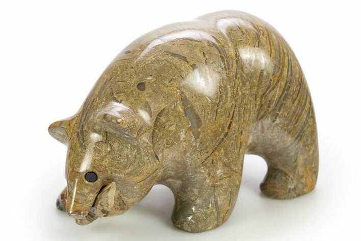 Realistic, Polished Coquina Stone Bear with Fish - Philippines #308445